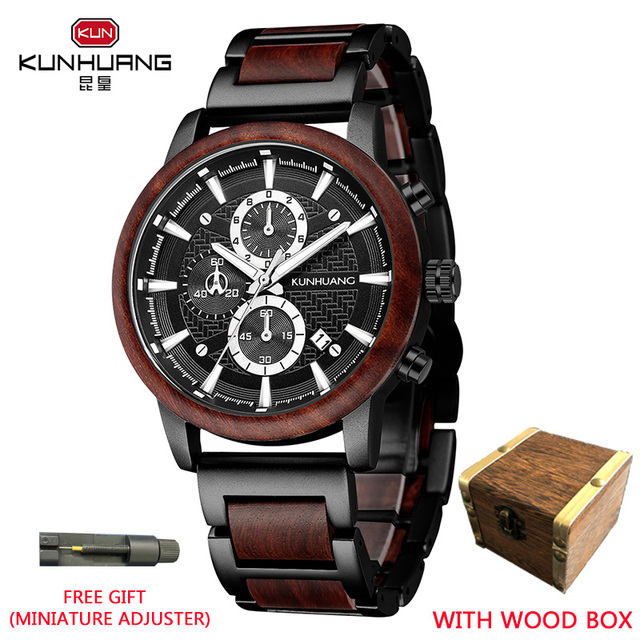 Kunhuang Luxury Wood Stainless Steel Men Watch Fashion Wooden Watches Chronograph Quartz Watches relogio masculino gift man