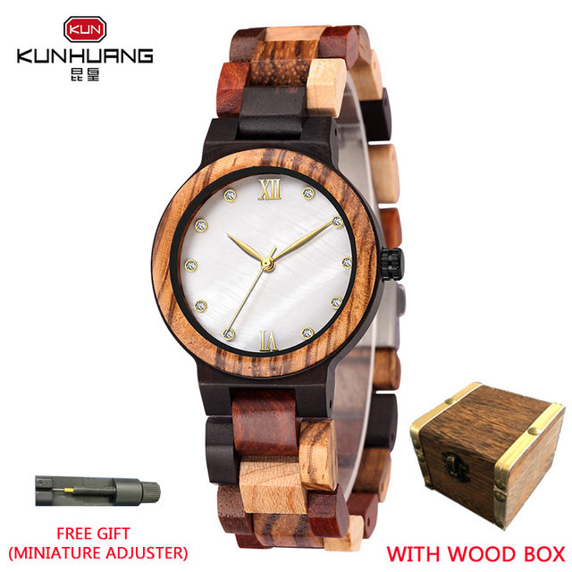 Kunhuang Ladies Watch Top Fashion New Wooden Quartz Watch Japan Movement Business Watch Great Gift Wood Boxmontre Femme