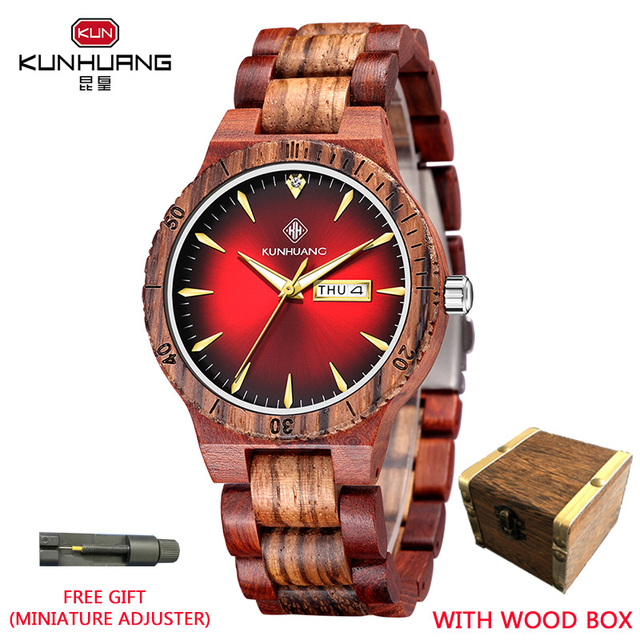 Kunhuang Men's Watch Colorful Dial Wooden Watch Week Clock Date Display Quartz Wood Wristwatch for Men Women reloj mujer