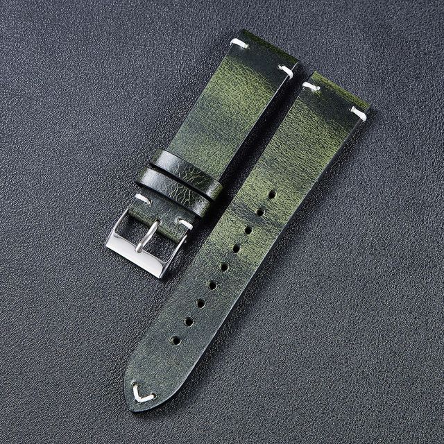 Vintage Leather Watchband Dark Brown Green Distressed Oil Wax Leather Watch Strap 20mm 22mm Quick Release Cowhide Watch Strap