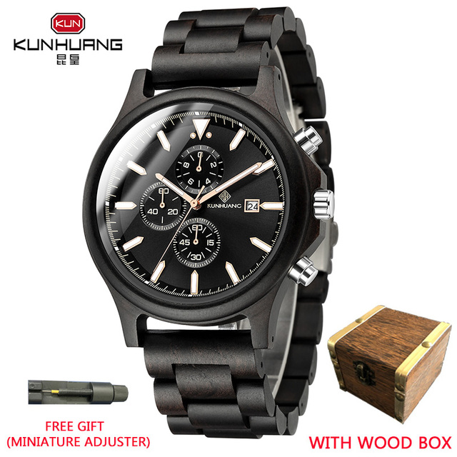 Kunhuang Handmade Wooden Watches Mens Watches Chronograph Watch Military Quartz Wristwatch Male In Wooden Gift Box Relogio