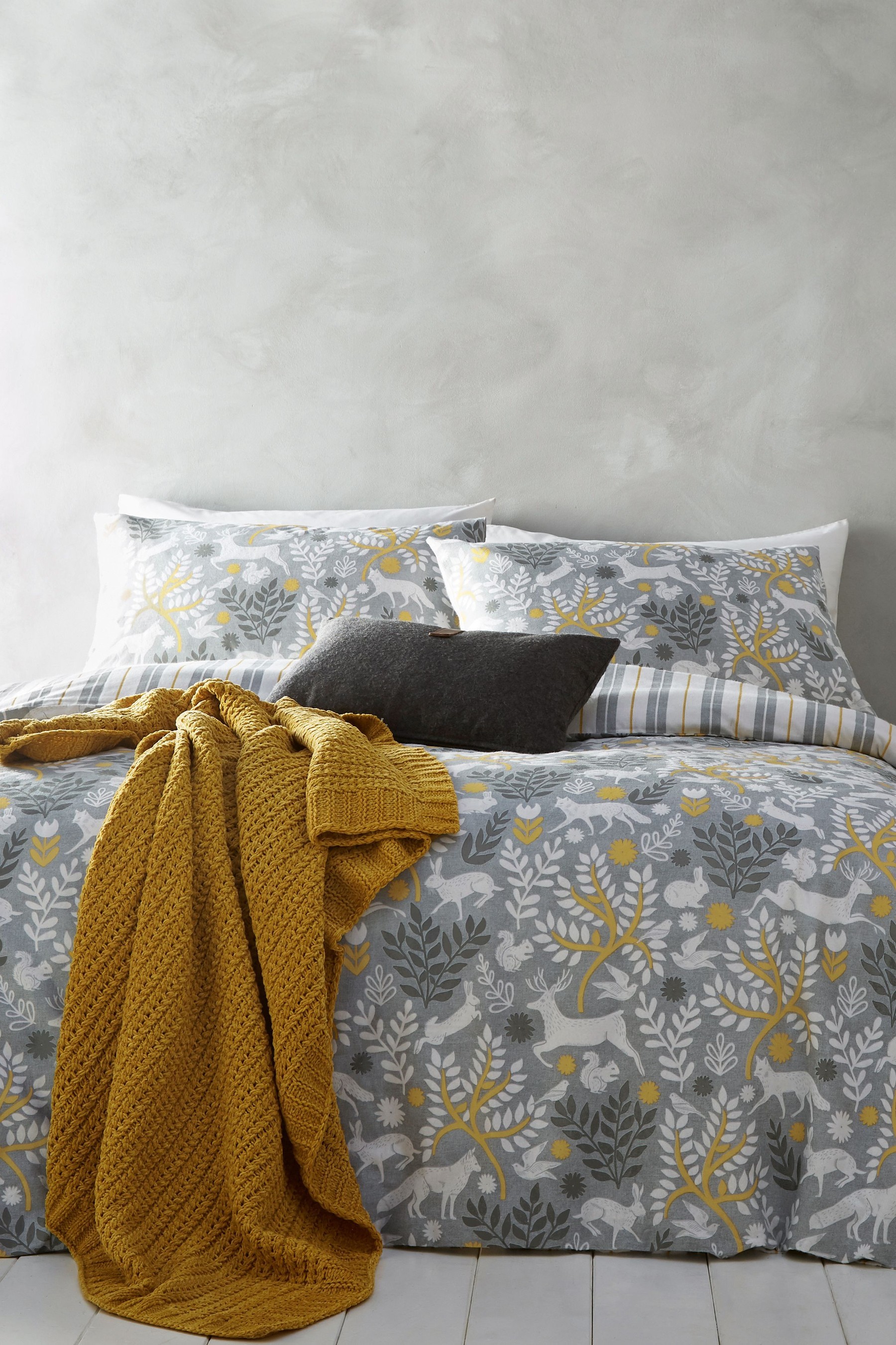 furn. Grey/Ochre Yellow Skandi Woodland Brushed Cotton Winter Stag Reversible Duvet Cover and Pillowcase Set