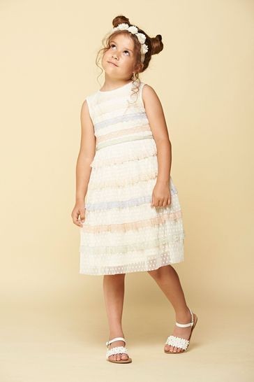 Amelia Rose Cream Multi-coloured Lace Trim Party Dress