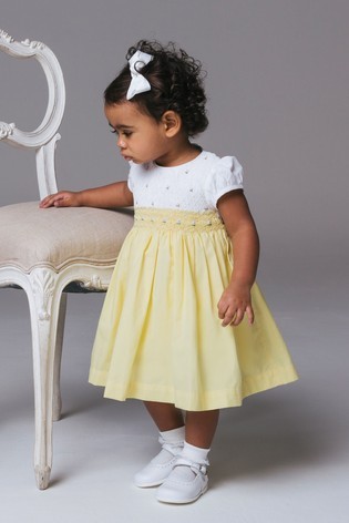 Trotters London Lemon Rose Hand Smocked Yellow Dress