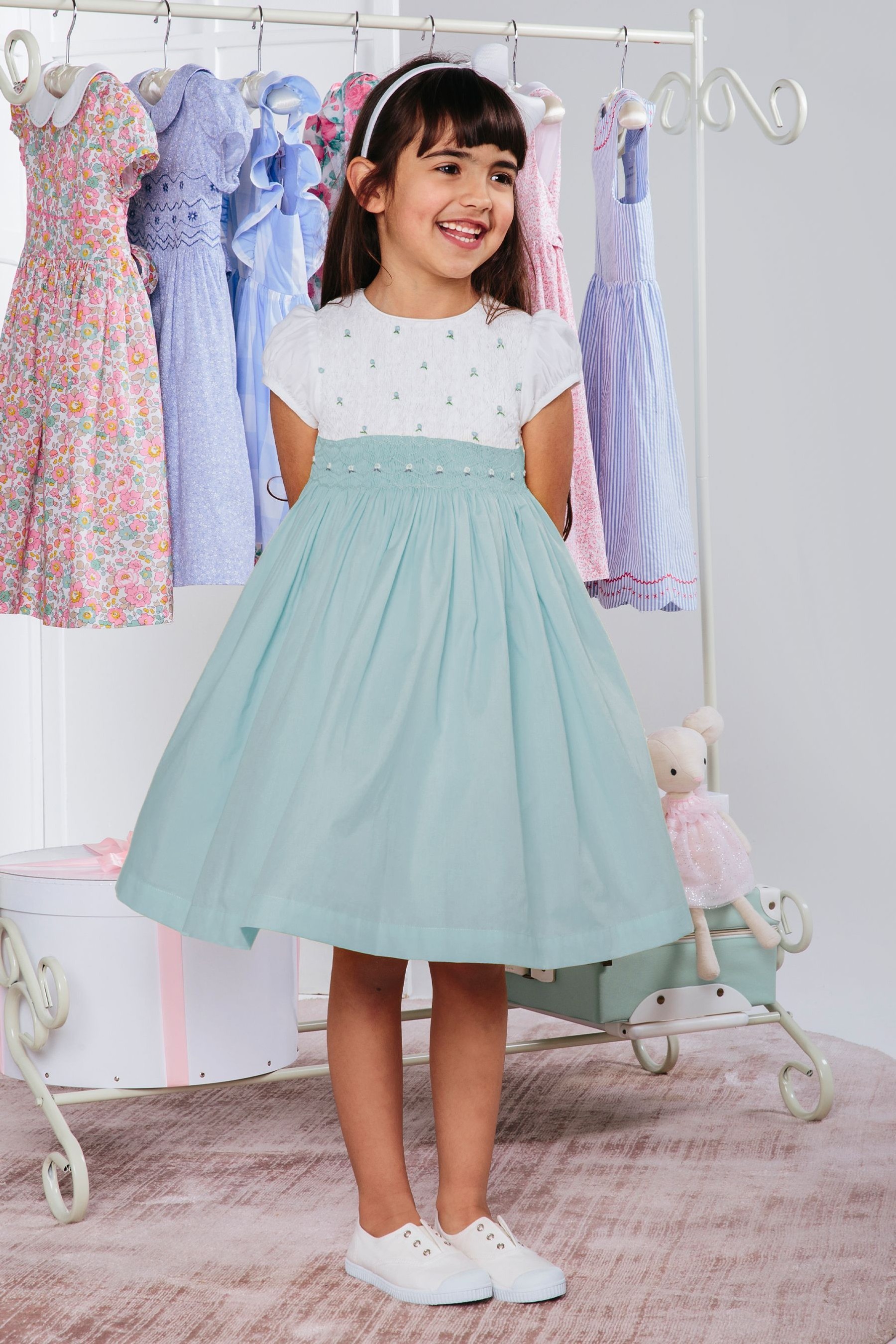 Trotters London Blue Rose Hand Smocked Dress