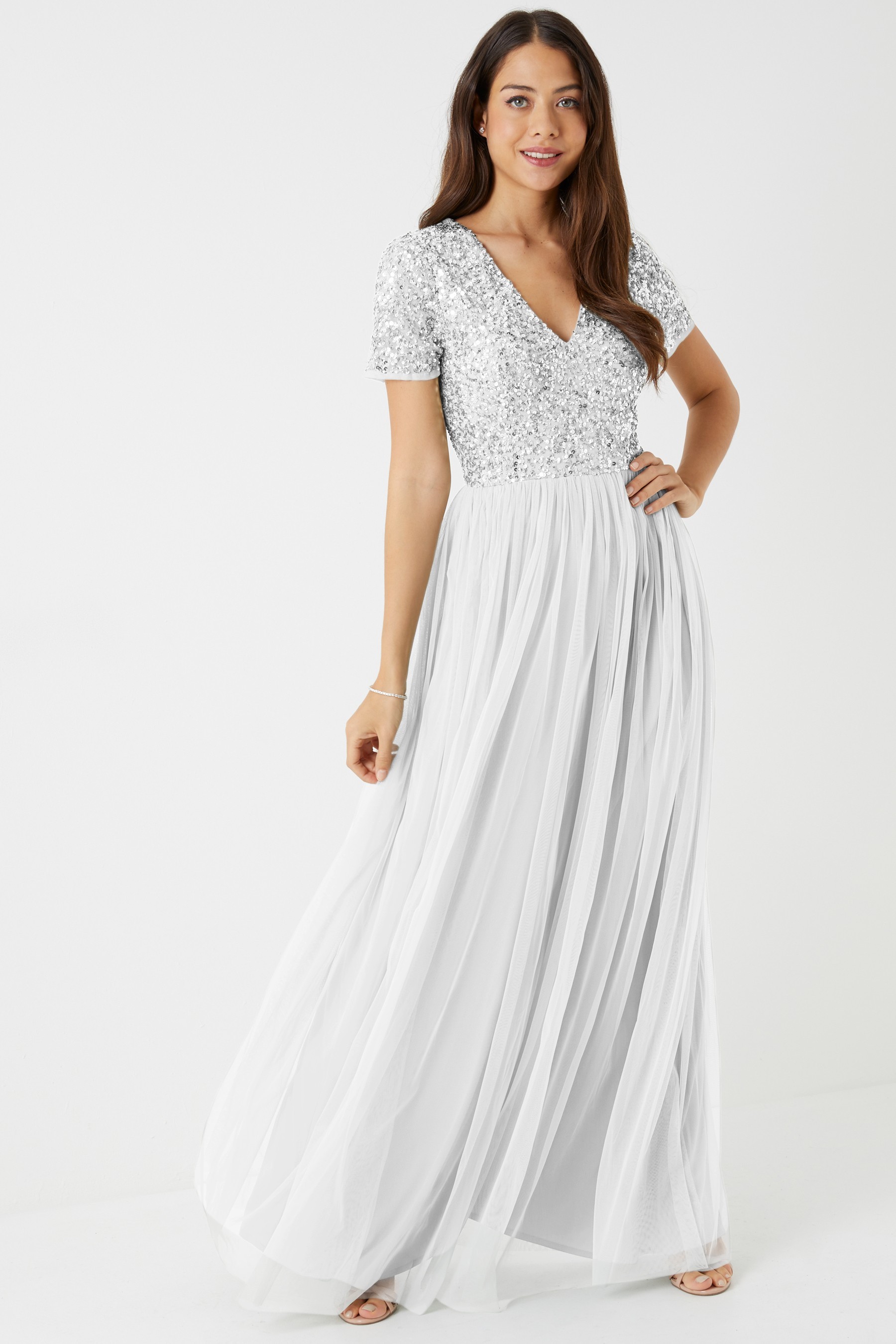 Maya V Neck Short Sleeve Sequin Maxi Dress Regular