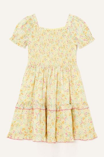 Monsoon Yellow Ditsy Print Shirred Dress