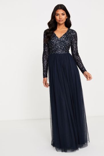 Maya V Neck Long Sleeve Sequin Maxi Dress Regular