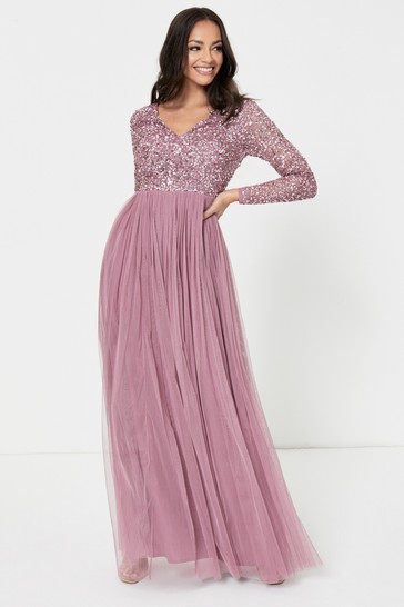 Maya V Neck Long Sleeve Sequin Maxi Dress Regular