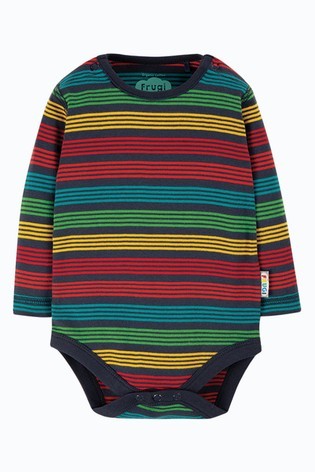 Frugi Blue Organic Cotton Long Sleeve Rainbow Stripe Bodysuit