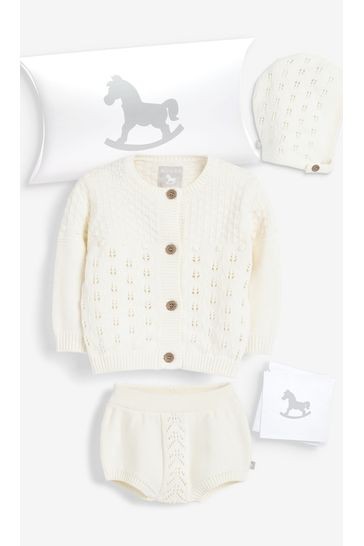 The Little Tailor Cream Knitted Cardigan, Bonnet And Bloomers 3 Piece Baby Set