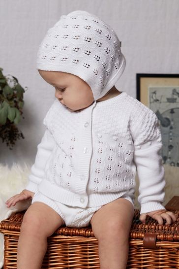 The Little Tailor 3 Piece White Knitted Baby Cardigan, Bonnet, Bloomers Set