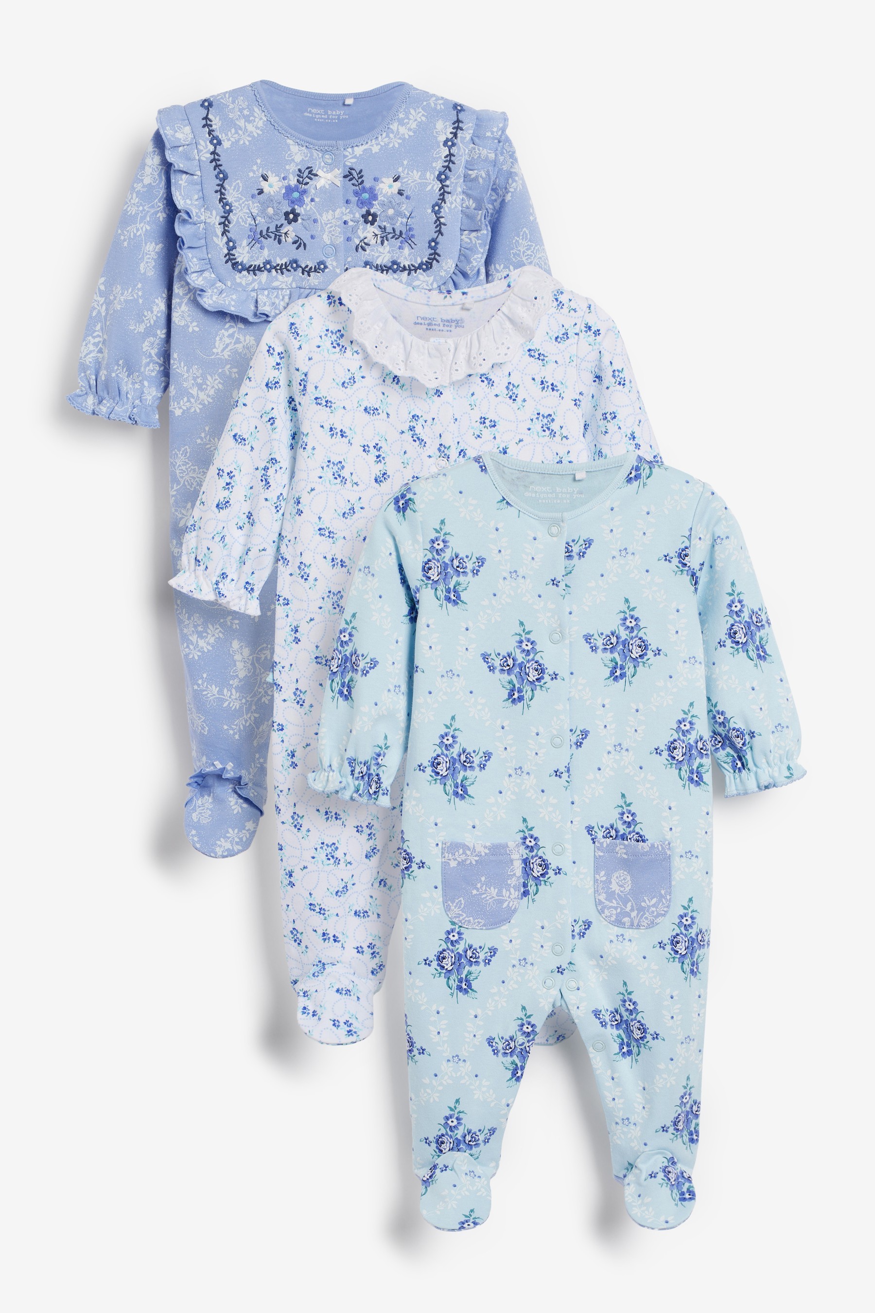 3 Pack Embroidered Detail Baby Sleepsuits (0-3yrs)