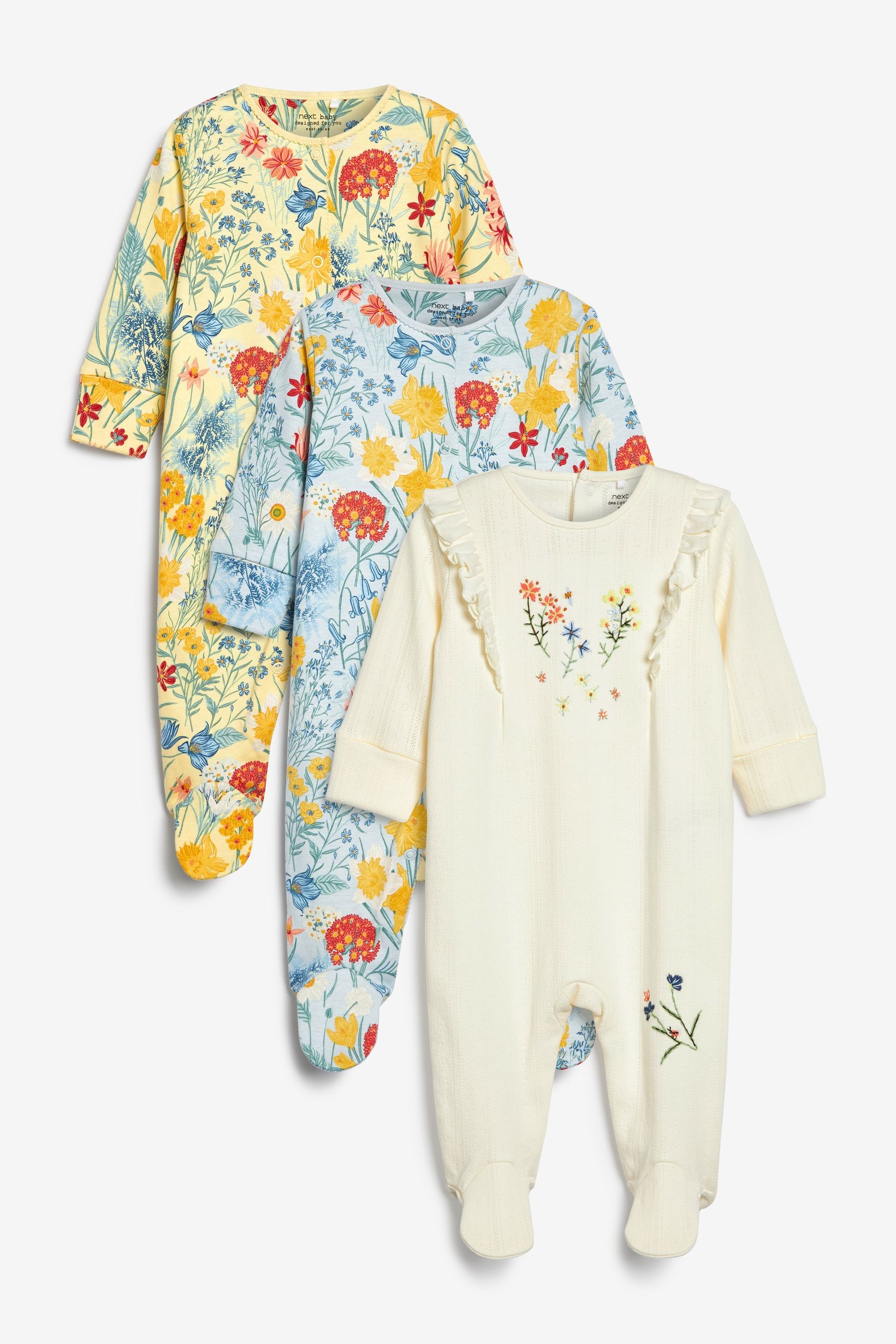 3 Pack Floral Baby Sleepsuits (0-2yrs)