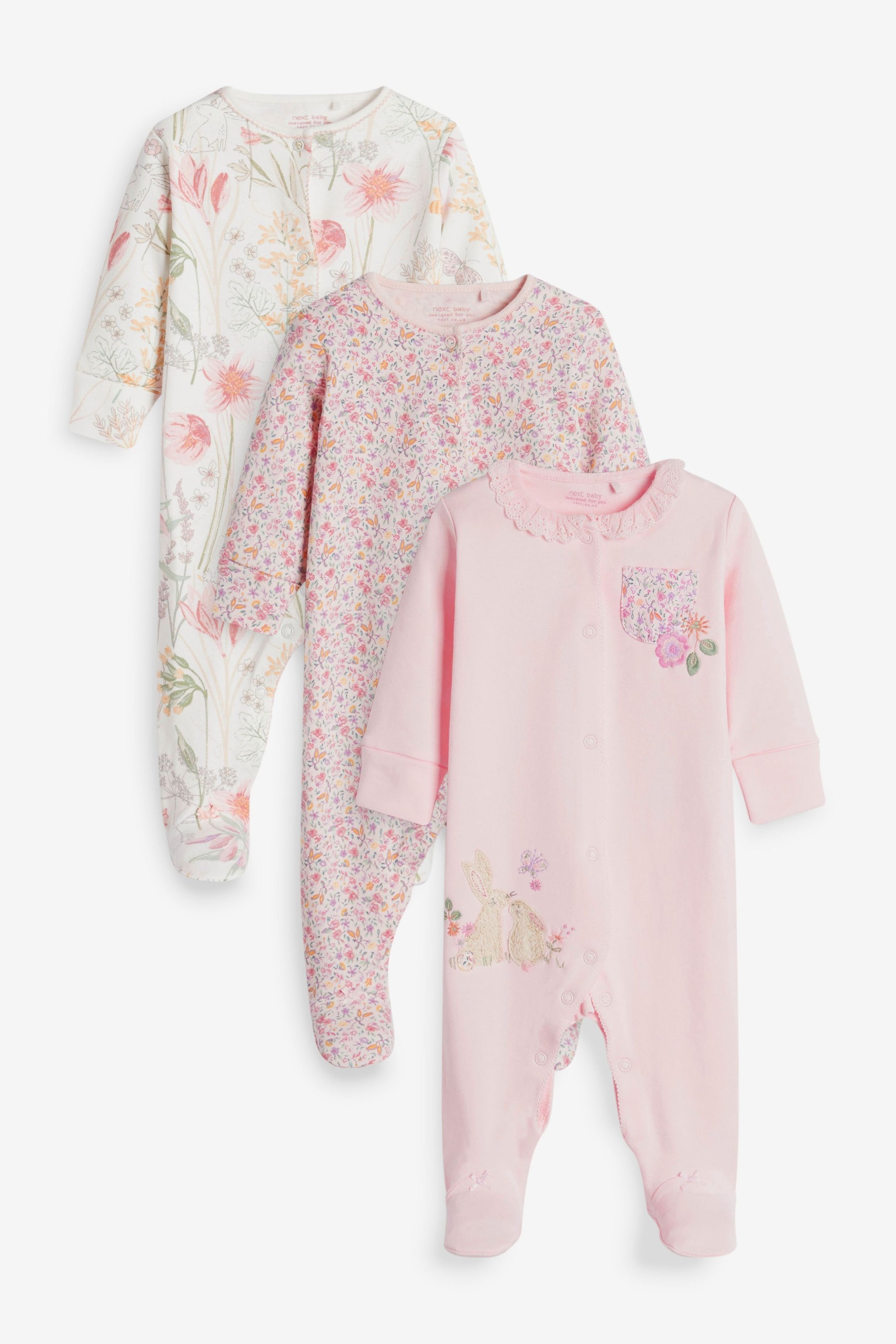 3 Pack Embroidered Detail Baby Sleepsuits (0-3yrs)