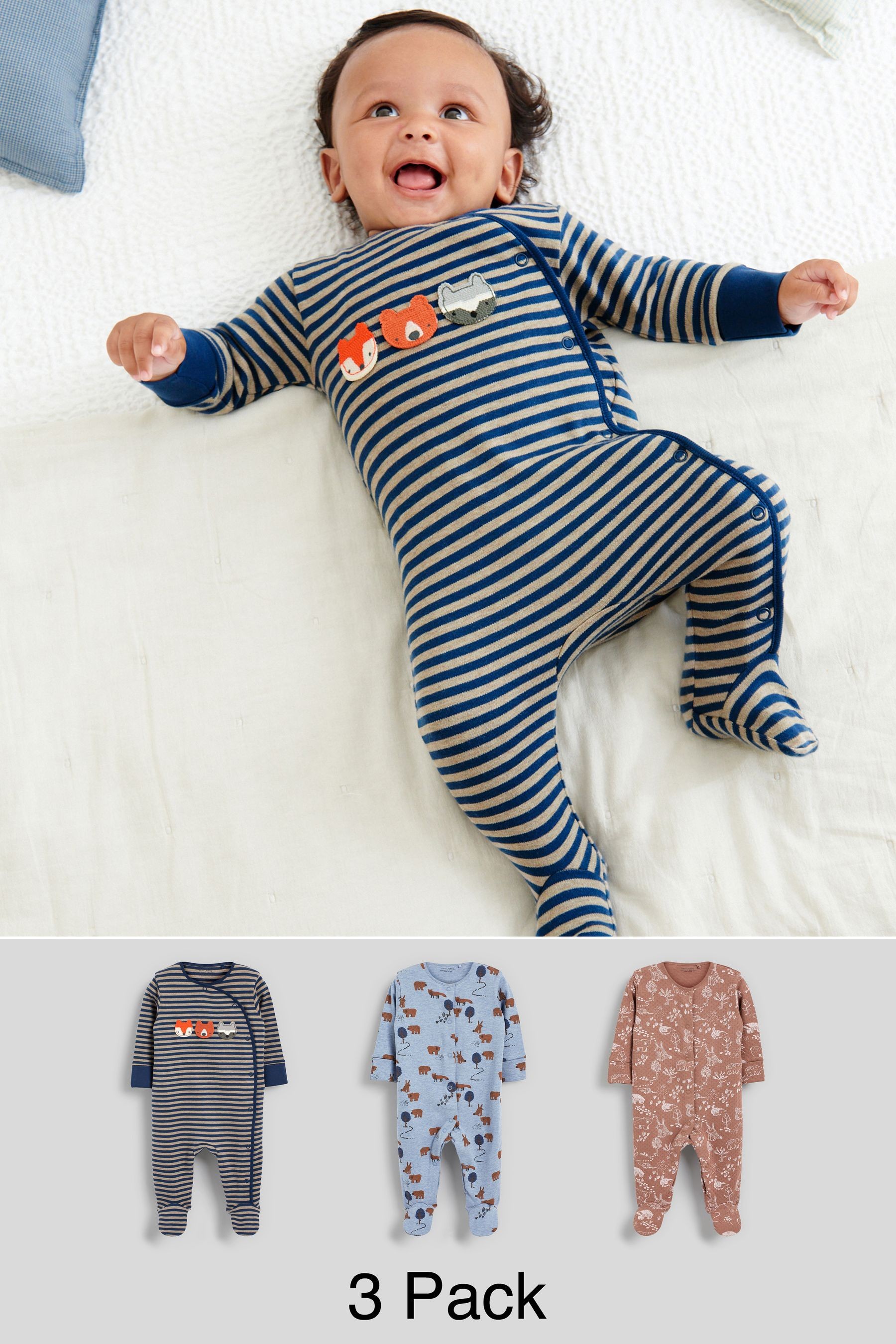 3 Pack Embroidered Baby Sleepsuits (0-2yrs)