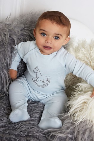 The Little Tailor Blue Chest Print Rocking Horse Sleepsuit