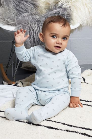 The Little Tailor Blue Jersey Print Rocking Horse Sleepsuit