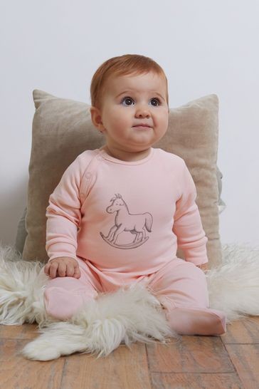 The Little Tailor Pink Chest Print Rocking Horse Sleepsuit