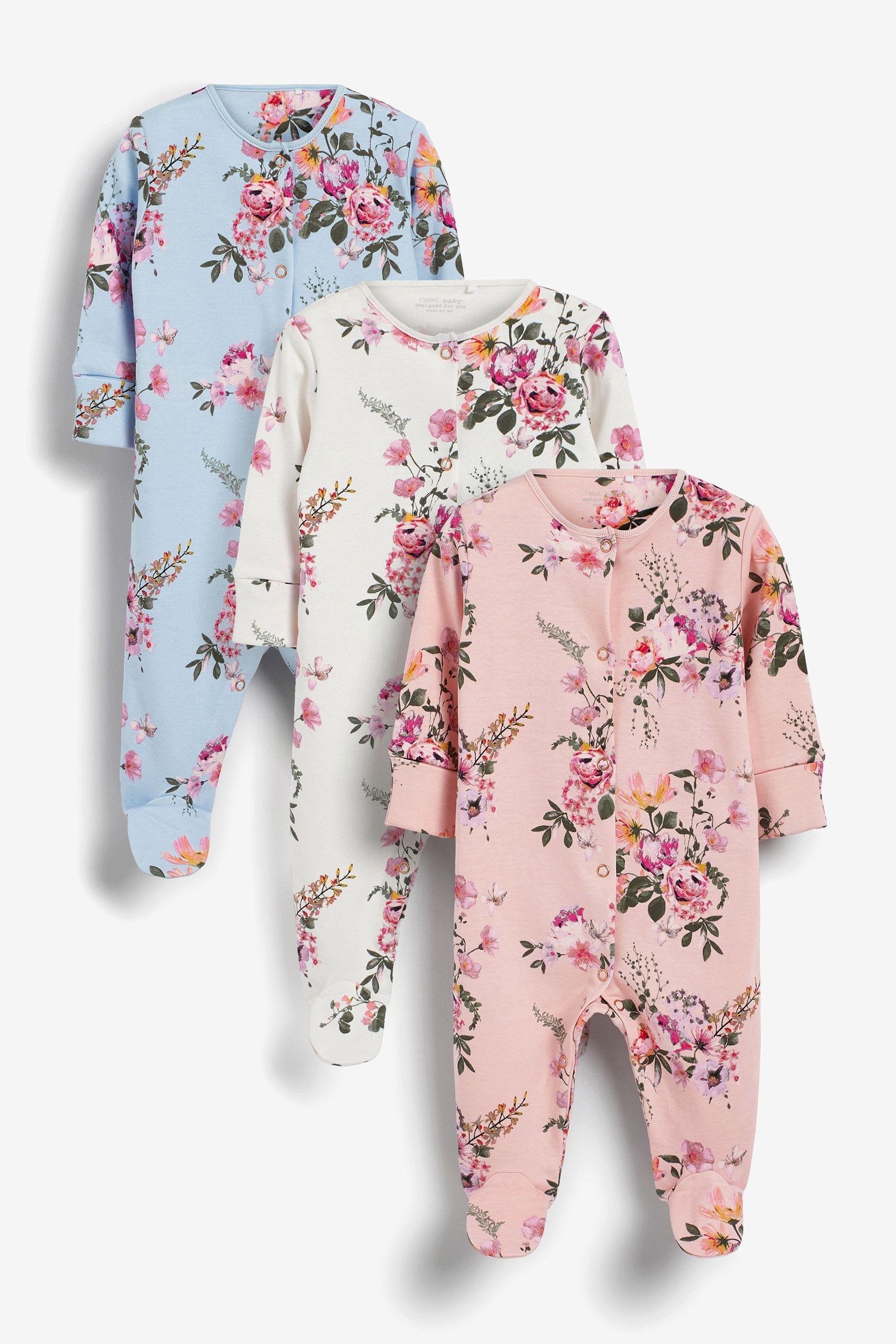 3 Pack Floral Baby Sleepsuits (0-2yrs)