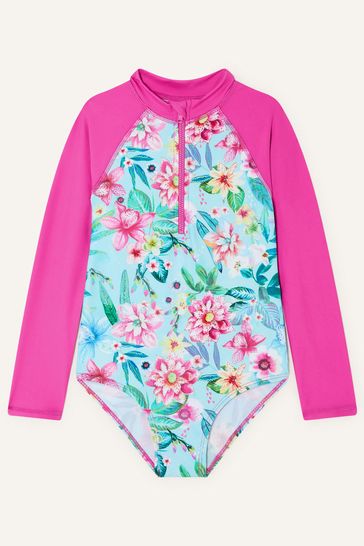 Monsoon Blue Floral Print Sunsafe Long Sleeve Swimsuit