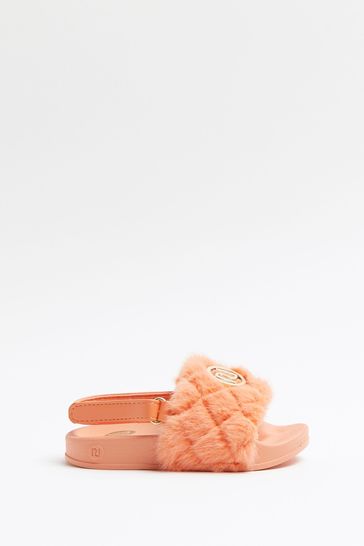 River Island Orange Light Quilted Faux Fur Cleated Sliders