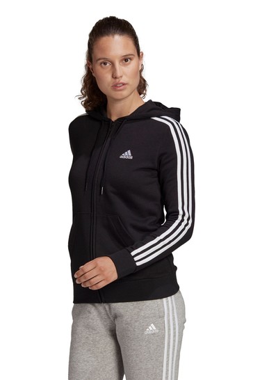 adidas Black 3 Stripe French Terry Full Zip Hoodie