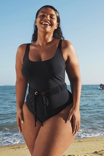 Figleaves Black Icon Maui Scoop Neck Belted Swimsuit