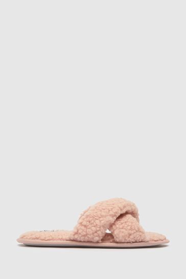 Schuh Pink Henley Borg Cross Strap Slippers