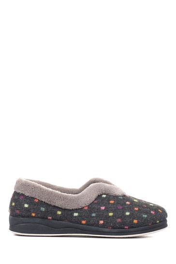 Pavers Ladies Grey Wide Fit Polka Dot Slippers