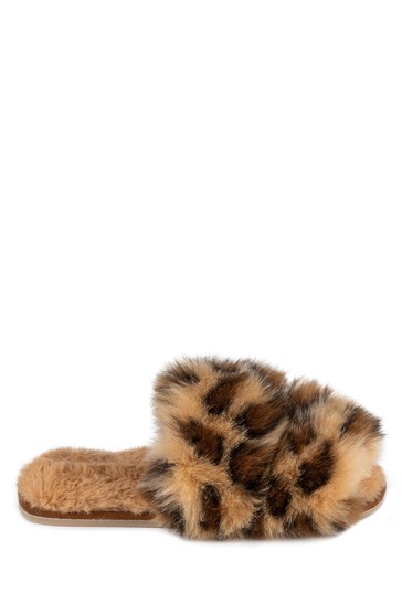 Totes Ladies Faux Fur Animal Double Strap Slider Slippers