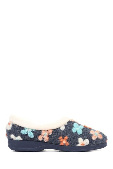 Pavers Blue Ladies Full Slippers with Flower Embellishment