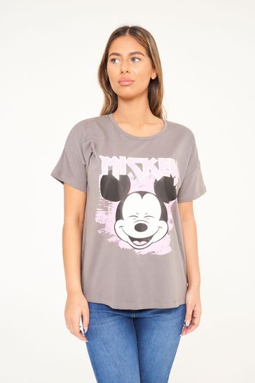 Brand Threads Ladies Official Disney Mickey Mouse BCI Cotton Charcoal T-Shirt Sizes XS-XL