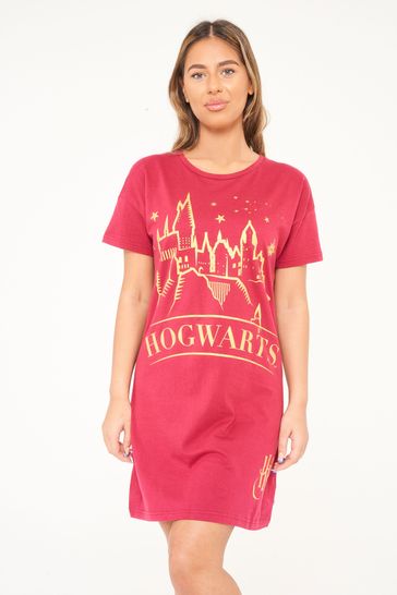 Brand Threads Ladies Official Harry Potter Hogwarts BCI Cotton Red Nightdress Sizes XS-XL