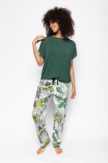 Cyberjammies Tamsin Leopard Palm Pant & Emerald Cap Sleeve Slouch Top