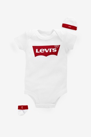 Levi's® Kids White Classic Batwing Infant Hat, Bodysuit And Booties Set