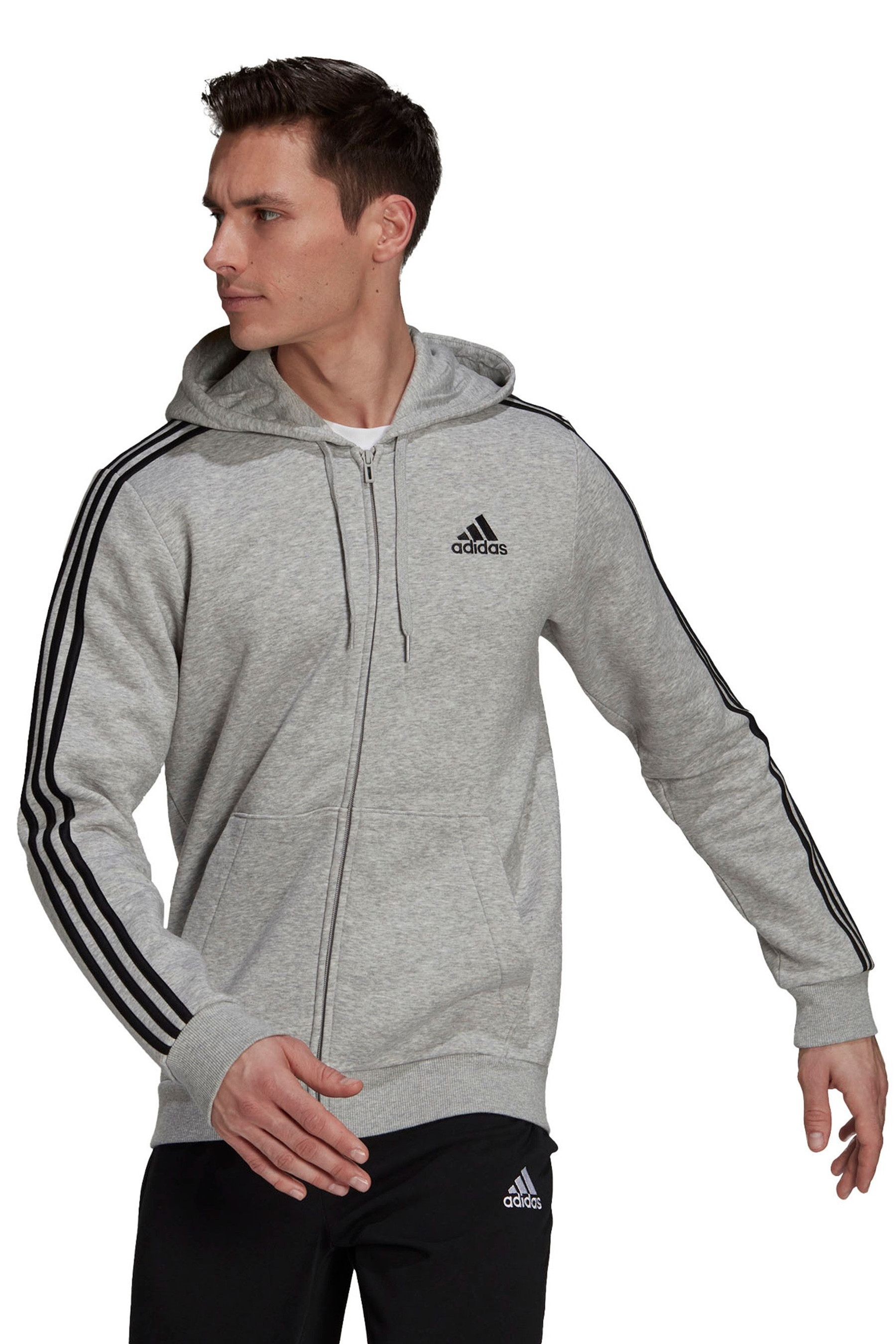 adidias Fleece 3 Stripe Zip Through Hoodie