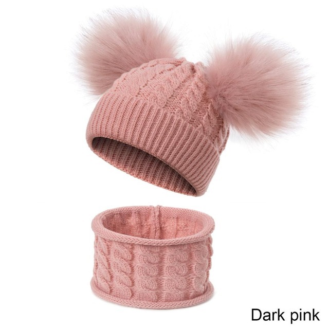 New Newborn Baby Kids Girls Boys Hat Scarf Winter Warm Knit Hat Furry Balls Pompom Solid Warm Cute Lovely Beanie Hat Gift Set