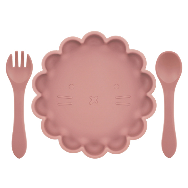 Children's Silicone Dinner Plate Strong Sucker Cartoon Lion Baby Feeding Set BPA Free Wooden Handle Fork Spoon Baby Shower Gift