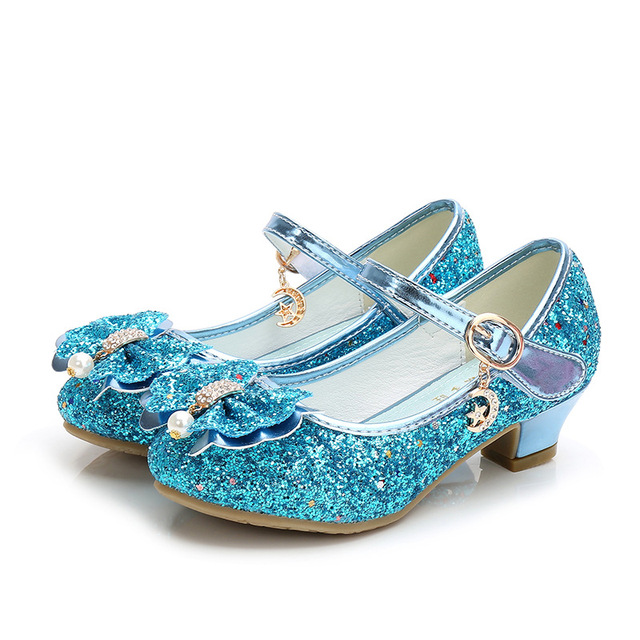 ULKNN-Girls Princess Leather Shoes Casual Floral Sequin High Heel Butterfly Bowknot Shoes Blue Pink Silver