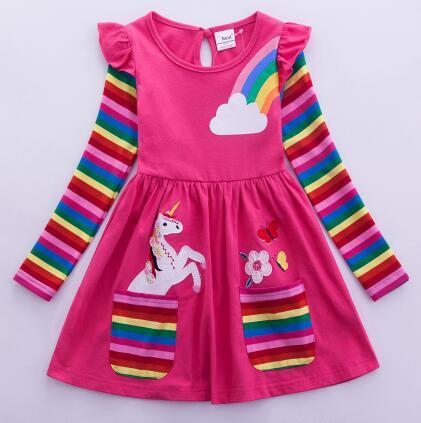 Girl Long Dresses New Autumn Spring Cartoon Girl Dress Casual Cotton Embroidered Girls Long Sleeve Unicorn Dress 81035