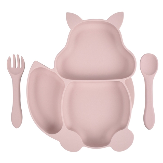 Baby Food Squirrel Silicone Baby Feeding Tray With Fork Spoon Set Dinnerware Training