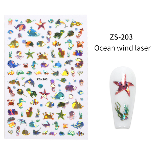 LEAMX Ocean Cute Glitter Laser Nail Art Marine Animal Shell Turtle Fish Starfish Nail Sticker Slider 9D Nail Sticker Decoration