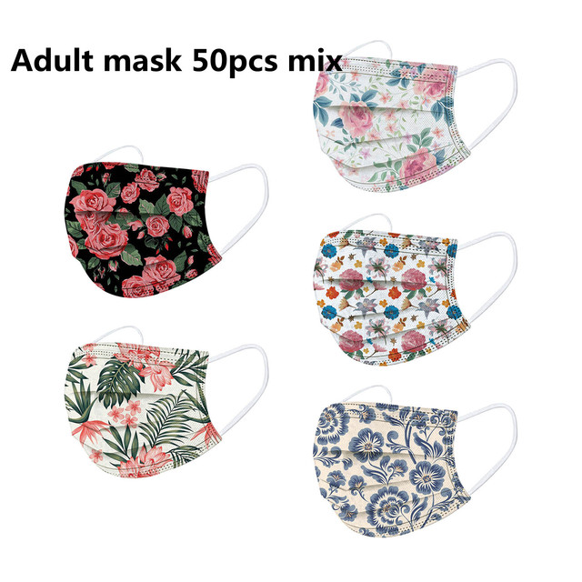 50pcs Disposable Face Mask Adult Women Printed Face Mask Adult Breathable Ear Loop Mask Non-woven Black 3Ply Mascarillas