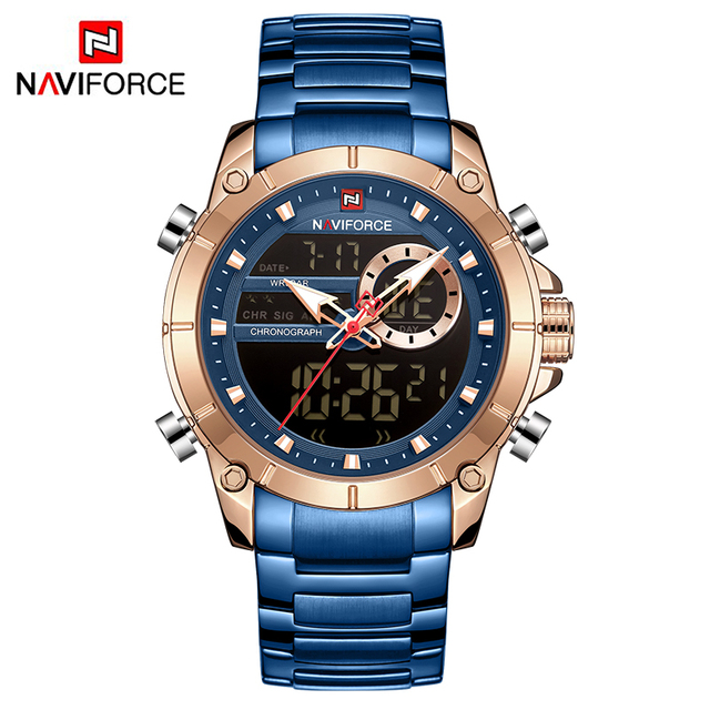 NAVIFORCE Men Military Sports Wrist Watch Gold Quartz Steel Waterproof Dual Display Male Clock Watches Relogio Masculino 9163