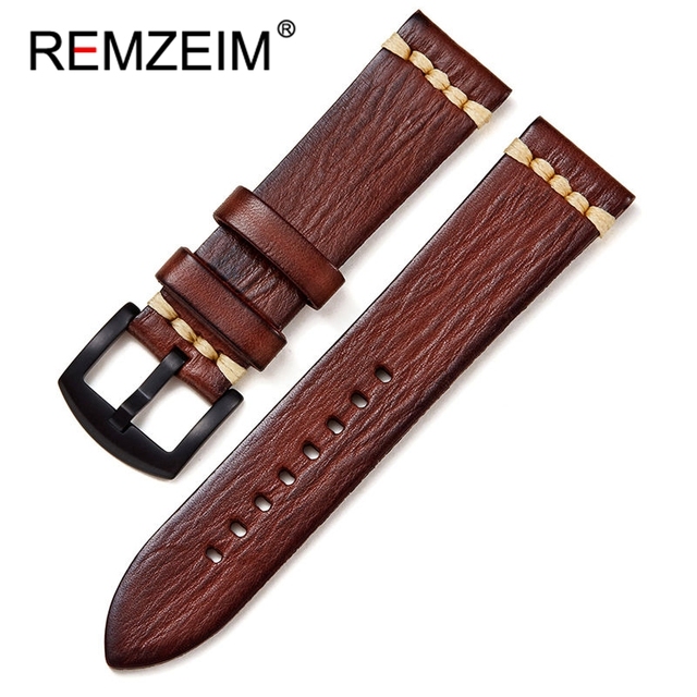 REMZEIM Retro Handmade Genuine Leather Strap Vegetable Tanned Leather Watchband 18 20 22 24mm High Quality Business Watch Band