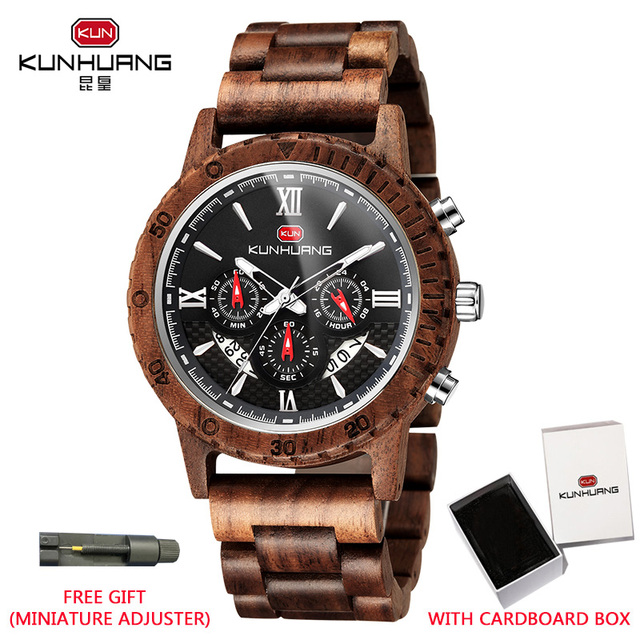 Kunhuang Luxury Brand Men's Watch Wooden Multifunctional Raw Quartz Watch High Strength Ebony Glass Case relógio masculino