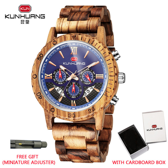 kunhuang wooden watch men erkek kol saati luxury stylish wood watches chronograph military quartz watches in wooden gift box