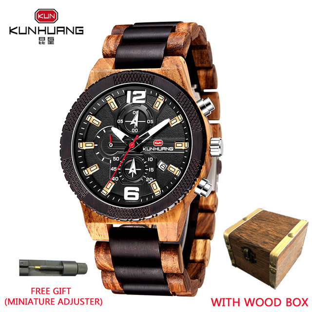 Kunhuang Luxury Wood Stainless Steel Men Watch Fashion Wooden Watches Chronograph Quartz Watches relogio masculino gift man