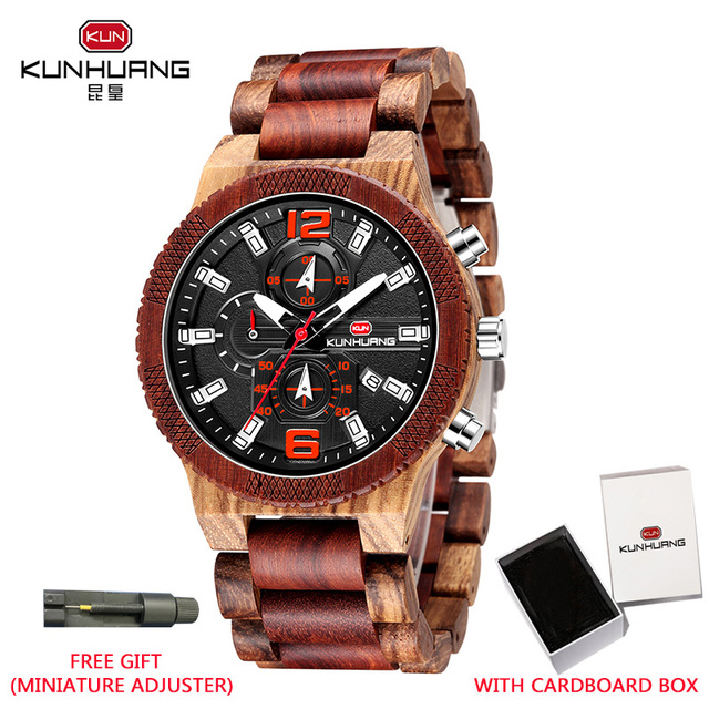 Kunhuang Men's Wooden Quartz Watches In Wood Luxury Brand Military Sports Watch Personality Male Clock Relogio Masculino